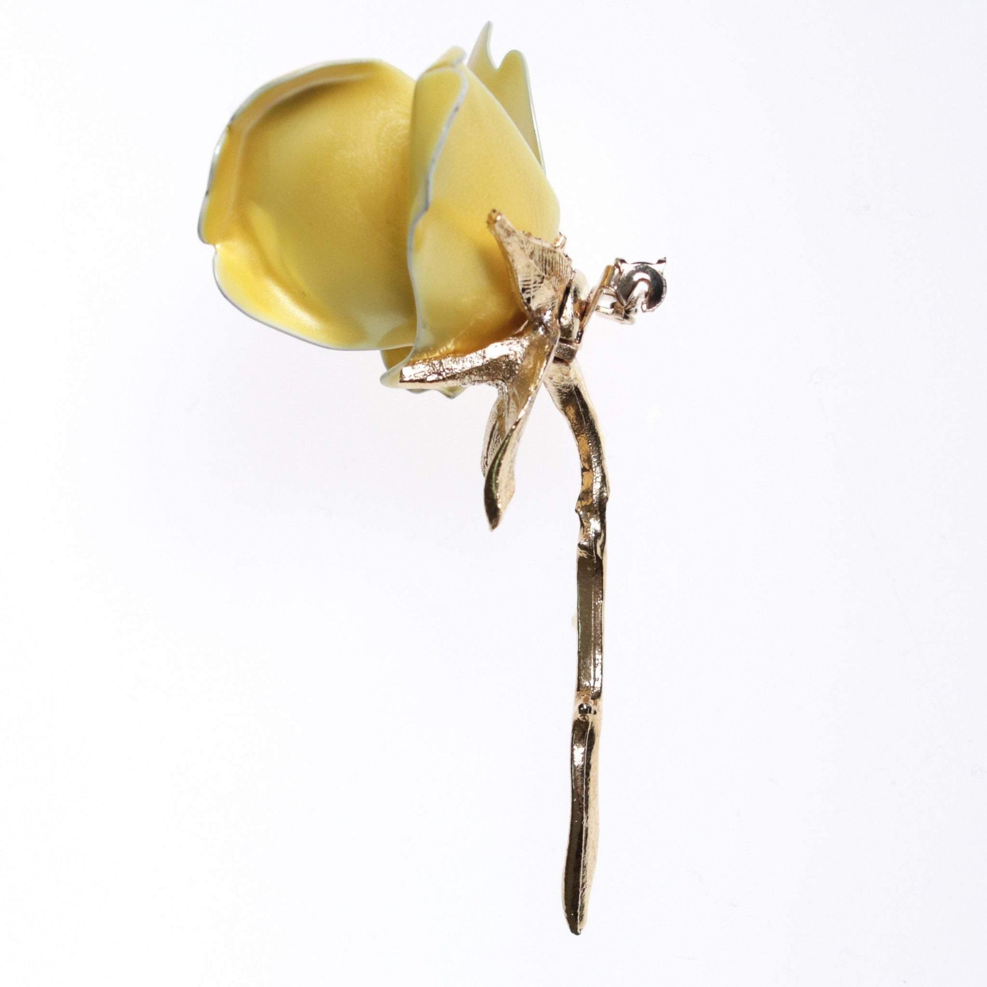 Vintage 1950s Long Stem Yellow Rose Brooch with Pearl Center by 1950s - Vintage Meet Modern Vintage Jewelry - Chicago, Illinois - #oldhollywoodglamour #vintagemeetmodern #designervintage #jewelrybox #antiquejewelry #vintagejewelry