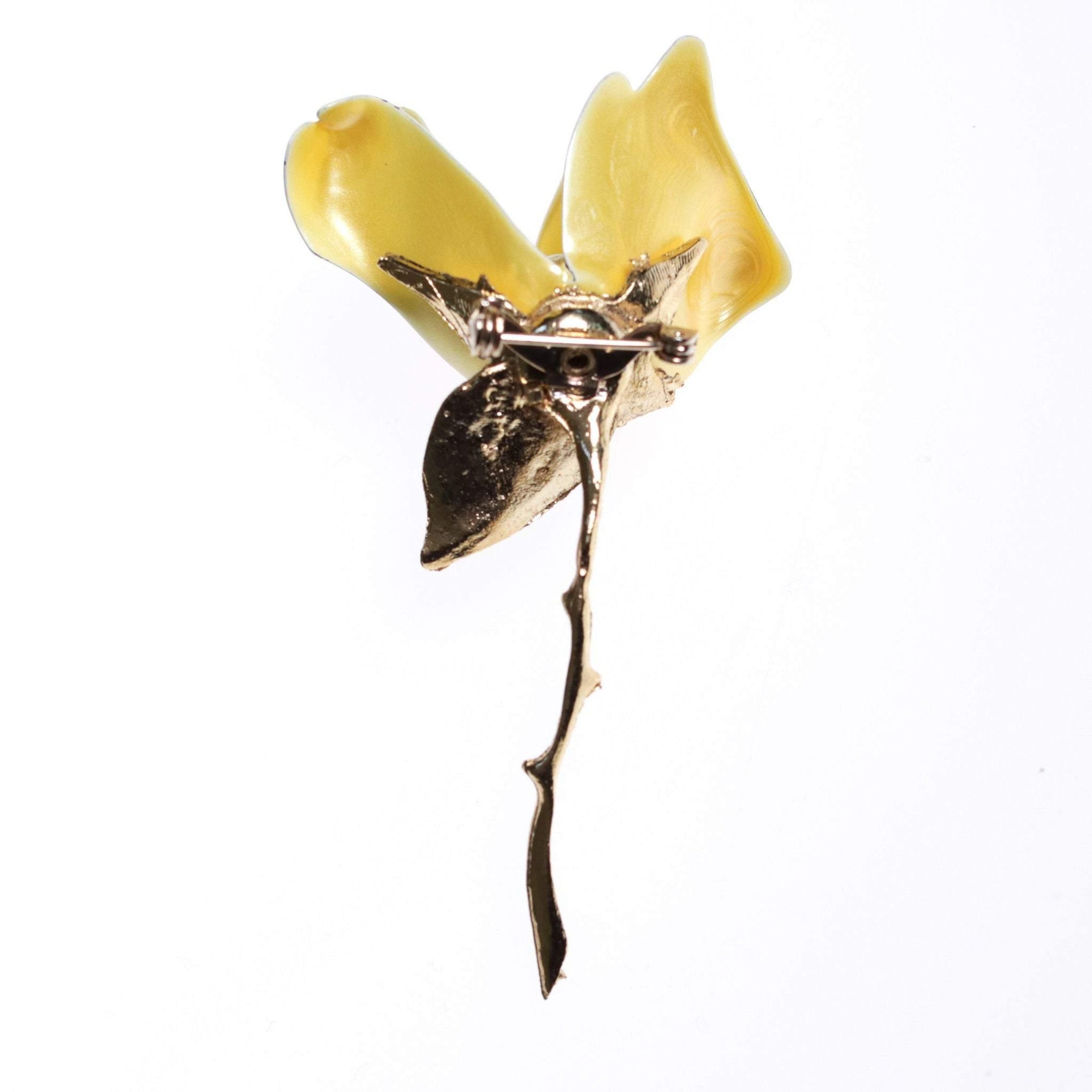 Vintage 1950s Long Stem Yellow Rose Brooch with Pearl Center by 1950s - Vintage Meet Modern Vintage Jewelry - Chicago, Illinois - #oldhollywoodglamour #vintagemeetmodern #designervintage #jewelrybox #antiquejewelry #vintagejewelry