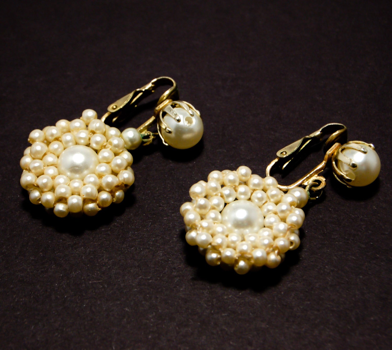 1940's Delicate Faux Pearl Dangling Earrings by Hong Kong - Vintage Meet Modern Vintage Jewelry - Chicago, Illinois - #oldhollywoodglamour #vintagemeetmodern #designervintage #jewelrybox #antiquejewelry #vintagejewelry