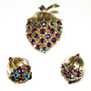 Vintage Signed Lisner Demi Parure Strawberry Brooch and Earring Set Purple and Aqua Aurora Borealis Rhinestones in Original Box by Lisner - Vintage Meet Modern Vintage Jewelry - Chicago, Illinois - #oldhollywoodglamour #vintagemeetmodern #designervintage #jewelrybox #antiquejewelry #vintagejewelry
