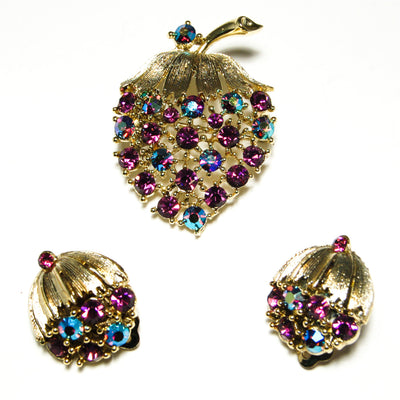 Vintage Signed Lisner Demi Parure Strawberry Brooch and Earring Set Purple and Aqua Aurora Borealis Rhinestones in Original Box by Lisner - Vintage Meet Modern Vintage Jewelry - Chicago, Illinois - #oldhollywoodglamour #vintagemeetmodern #designervintage #jewelrybox #antiquejewelry #vintagejewelry