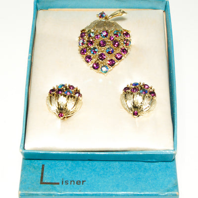 Vintage Signed Lisner Demi Parure Strawberry Brooch and Earring Set Purple and Aqua Aurora Borealis Rhinestones in Original Box by Lisner - Vintage Meet Modern Vintage Jewelry - Chicago, Illinois - #oldhollywoodglamour #vintagemeetmodern #designervintage #jewelrybox #antiquejewelry #vintagejewelry