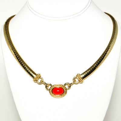 1980's Etruscan Influence Necklace with Red Cabochon by 1980s - Vintage Meet Modern Vintage Jewelry - Chicago, Illinois - #oldhollywoodglamour #vintagemeetmodern #designervintage #jewelrybox #antiquejewelry #vintagejewelry