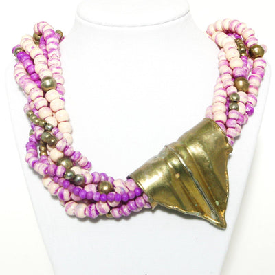 Beautiful Hand Made Artisan Brass and Ceramic Bead Torsade Necklace Purple and Ivory Color Boho Runway Style Piece by One of a kind - Vintage Meet Modern Vintage Jewelry - Chicago, Illinois - #oldhollywoodglamour #vintagemeetmodern #designervintage #jewelrybox #antiquejewelry #vintagejewelry