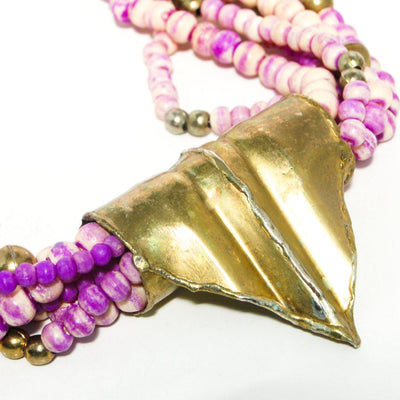 Beautiful Hand Made Artisan Brass and Ceramic Bead Torsade Necklace Purple and Ivory Color Boho Runway Style Piece by One of a kind - Vintage Meet Modern Vintage Jewelry - Chicago, Illinois - #oldhollywoodglamour #vintagemeetmodern #designervintage #jewelrybox #antiquejewelry #vintagejewelry