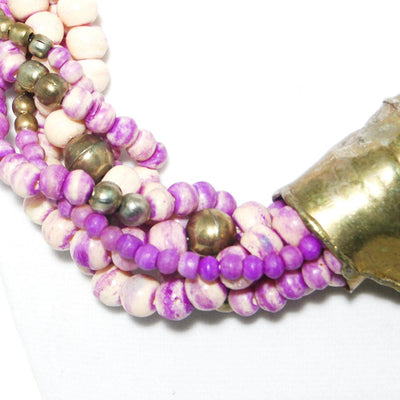 Beautiful Hand Made Artisan Brass and Ceramic Bead Torsade Necklace Purple and Ivory Color Boho Runway Style Piece by One of a kind - Vintage Meet Modern Vintage Jewelry - Chicago, Illinois - #oldhollywoodglamour #vintagemeetmodern #designervintage #jewelrybox #antiquejewelry #vintagejewelry