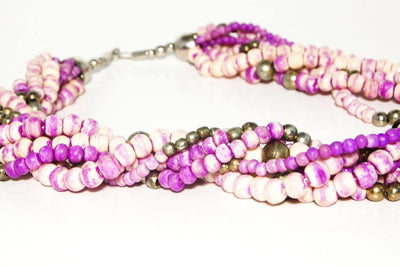 Beautiful Hand Made Artisan Brass and Ceramic Bead Torsade Necklace Purple and Ivory Color Boho Runway Style Piece by One of a kind - Vintage Meet Modern Vintage Jewelry - Chicago, Illinois - #oldhollywoodglamour #vintagemeetmodern #designervintage #jewelrybox #antiquejewelry #vintagejewelry