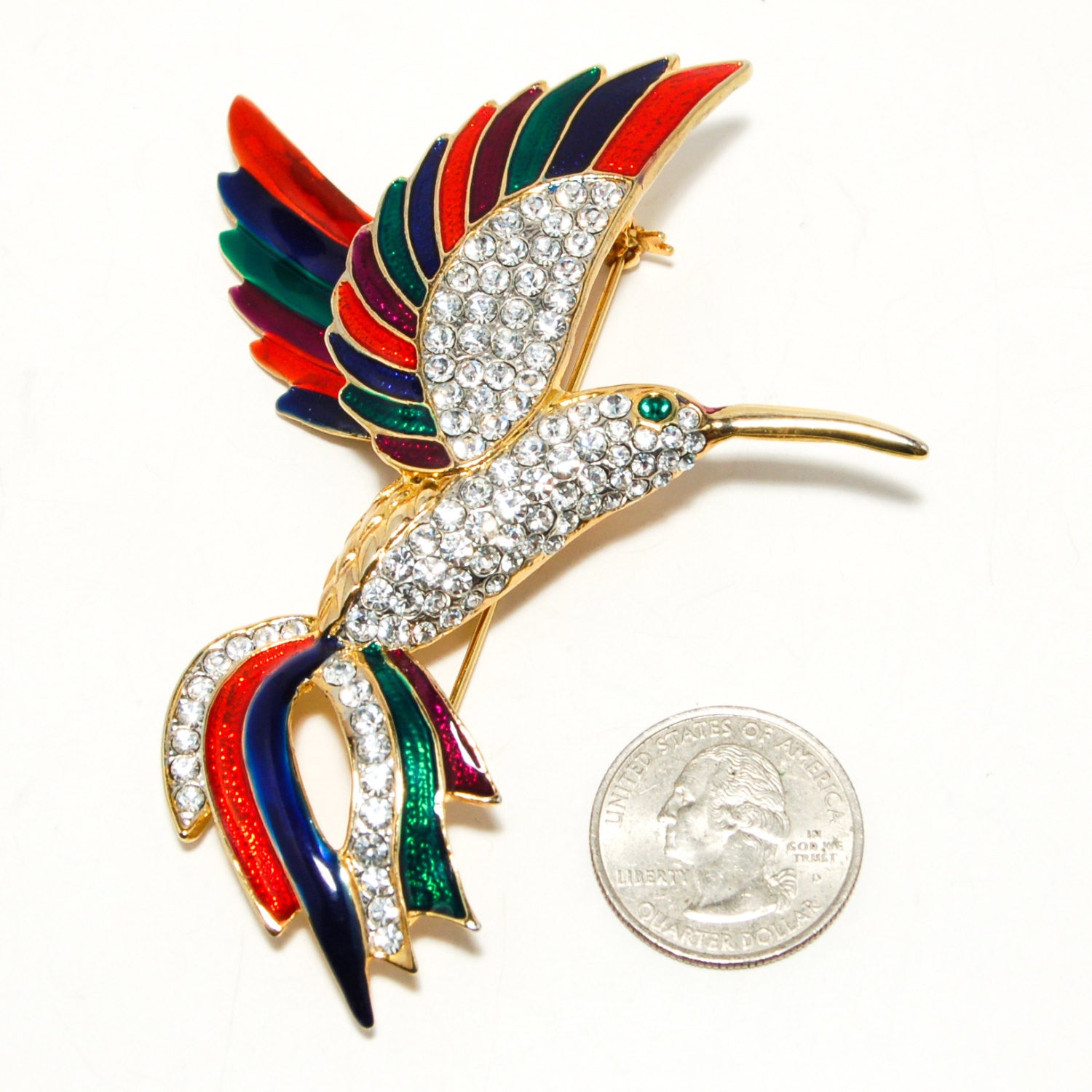 Massive  Rhinestone Colorful Enamel Figural Hummingbird Brooch Designer Couture Style by 1980s - Vintage Meet Modern Vintage Jewelry - Chicago, Illinois - #oldhollywoodglamour #vintagemeetmodern #designervintage #jewelrybox #antiquejewelry #vintagejewelry