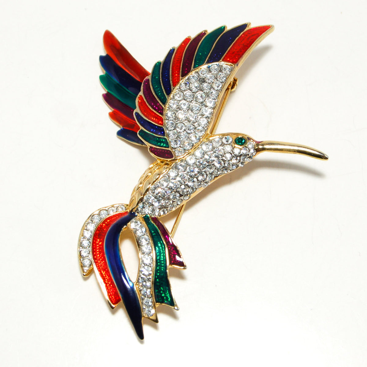 Massive  Rhinestone Colorful Enamel Figural Hummingbird Brooch Designer Couture Style