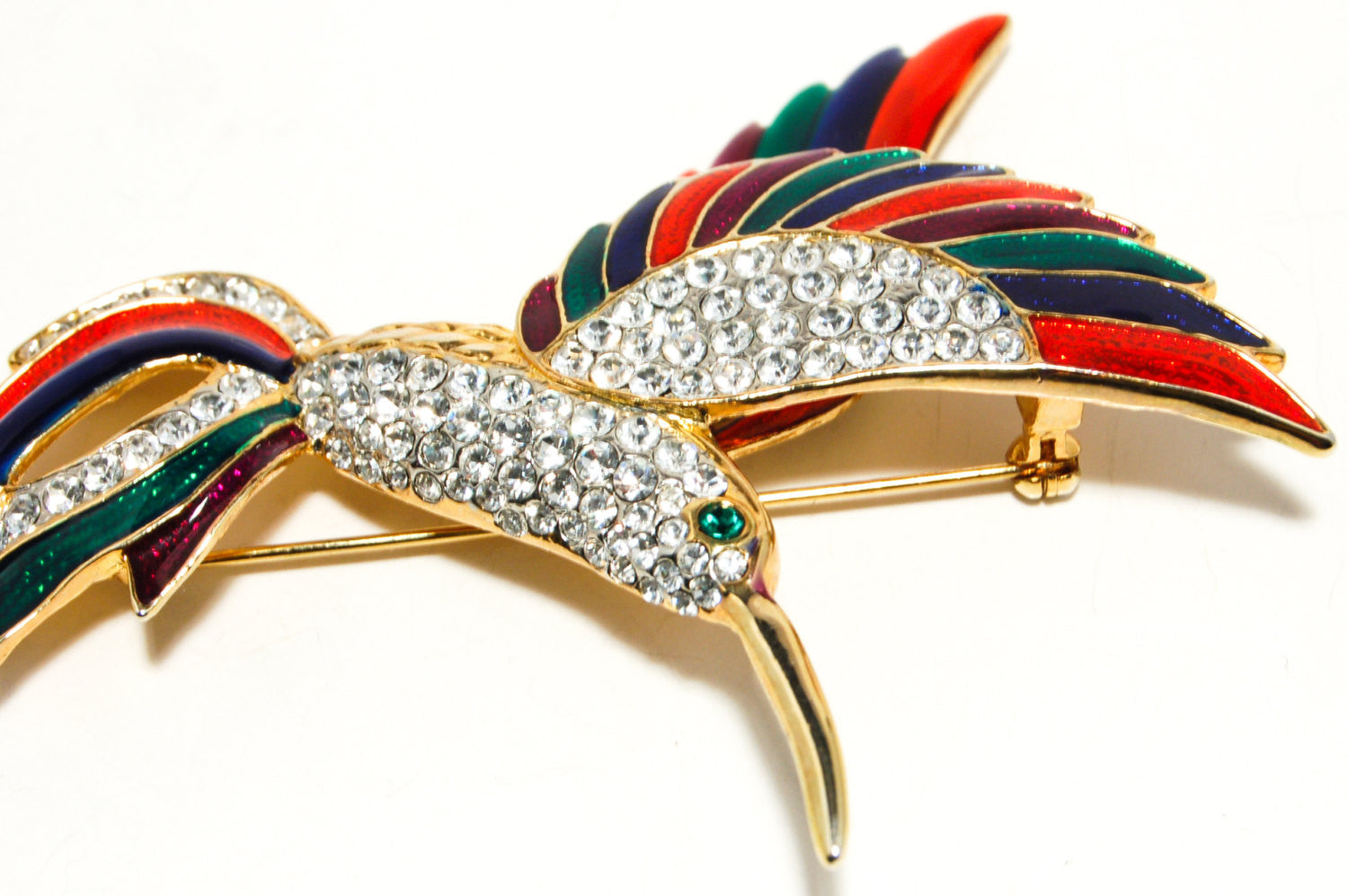 Massive  Rhinestone Colorful Enamel Figural Hummingbird Brooch Designer Couture Style by 1980s - Vintage Meet Modern Vintage Jewelry - Chicago, Illinois - #oldhollywoodglamour #vintagemeetmodern #designervintage #jewelrybox #antiquejewelry #vintagejewelry