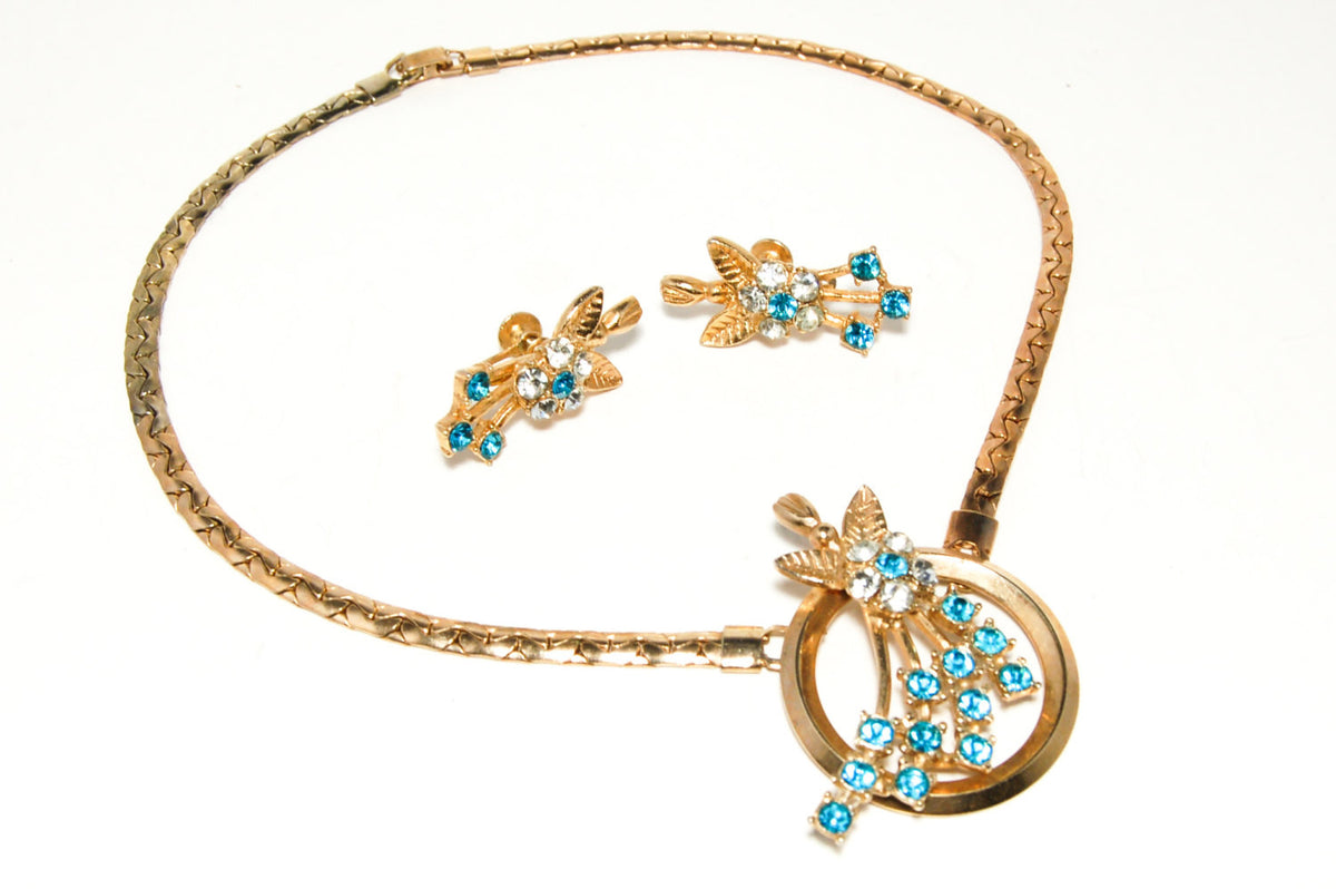 Blue Rhinestone Necklace and Earring Set by Oleg Cassini