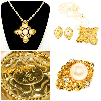"Renaissance" Maltese Cross Gold Tone and Pearl Pendant and Earring set by Kenneth Jay Lane for Avon by Kenneth Lane - Vintage Meet Modern Vintage Jewelry - Chicago, Illinois - #oldhollywoodglamour #vintagemeetmodern #designervintage #jewelrybox #antiquejewelry #vintagejewelry