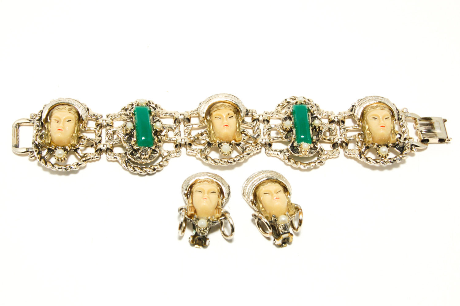 1950's Asian Princess Faces Bracelet and Earrings Set by 1950's - Vintage Meet Modern Vintage Jewelry - Chicago, Illinois - #oldhollywoodglamour #vintagemeetmodern #designervintage #jewelrybox #antiquejewelry #vintagejewelry