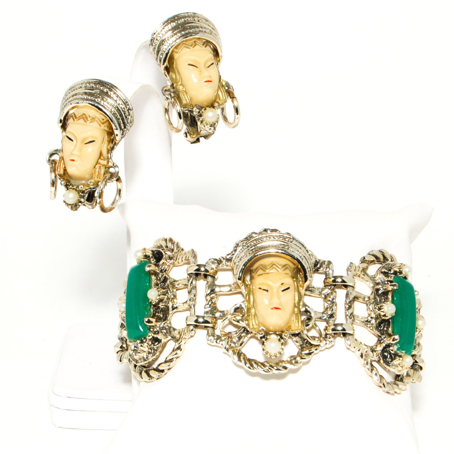 1950's Asian Princess Faces Bracelet and Earrings Set by 1950's - Vintage Meet Modern Vintage Jewelry - Chicago, Illinois - #oldhollywoodglamour #vintagemeetmodern #designervintage #jewelrybox #antiquejewelry #vintagejewelry