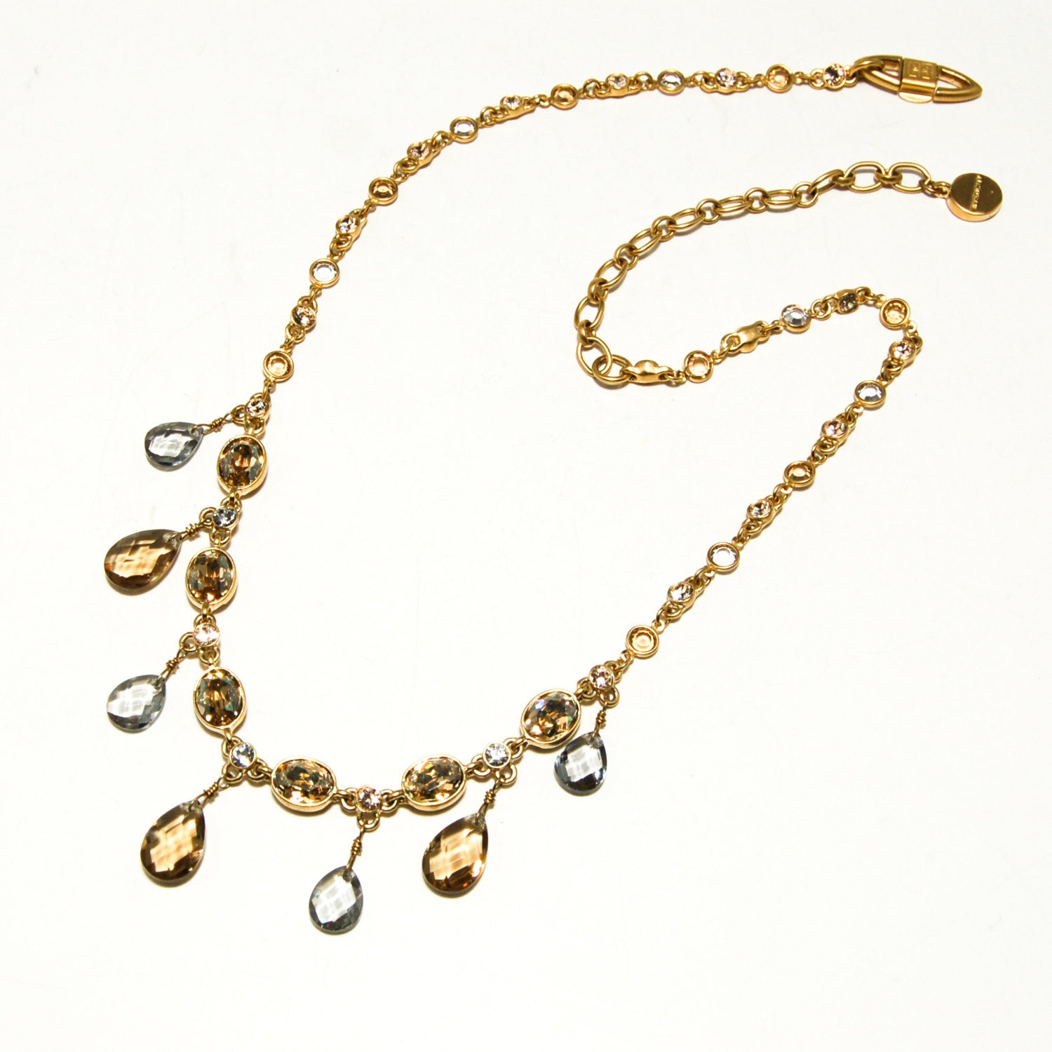 Gold Tone Necklace with Colored Briolette Rhinestones by Givenchy by Givenchy - Vintage Meet Modern Vintage Jewelry - Chicago, Illinois - #oldhollywoodglamour #vintagemeetmodern #designervintage #jewelrybox #antiquejewelry #vintagejewelry