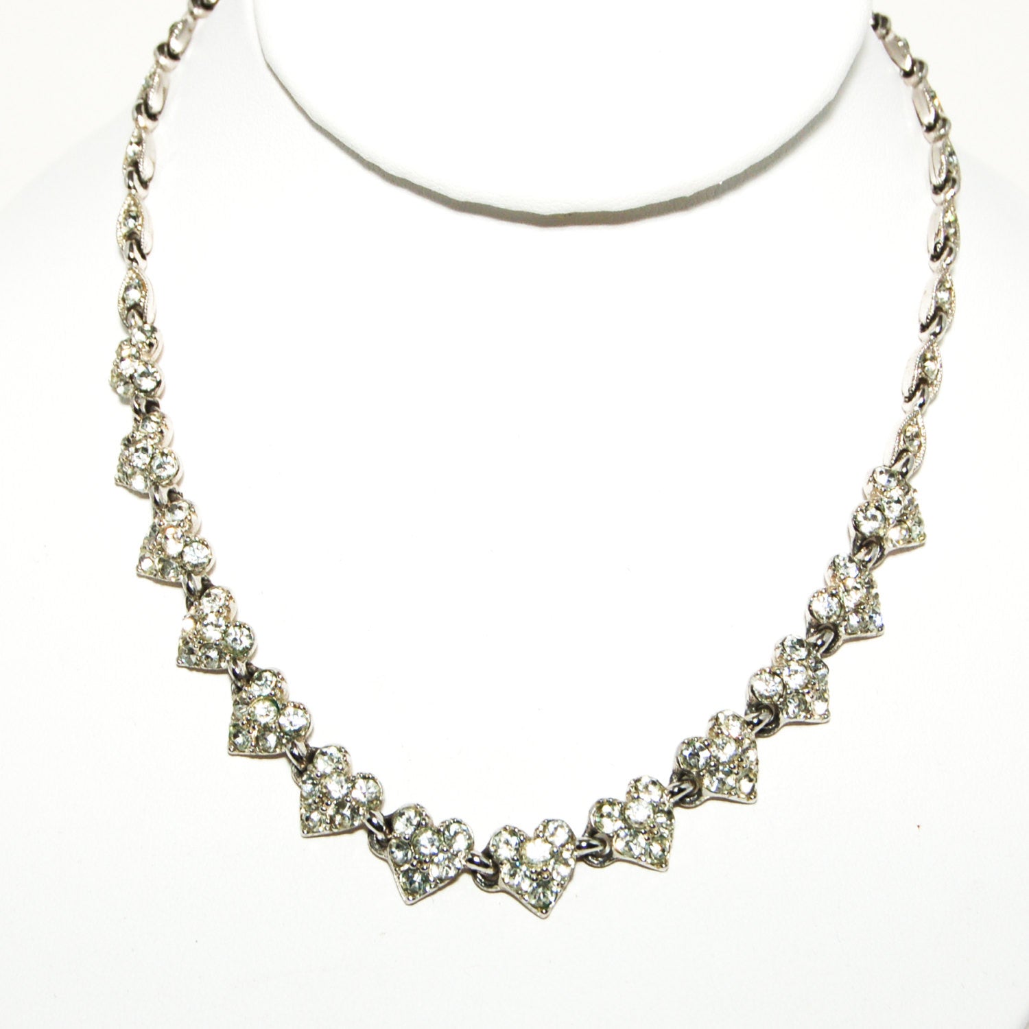 1960's Pave Rhinestone Necklace with Heart Detail by Bogoff by Bogoff - Vintage Meet Modern Vintage Jewelry - Chicago, Illinois - #oldhollywoodglamour #vintagemeetmodern #designervintage #jewelrybox #antiquejewelry #vintagejewelry