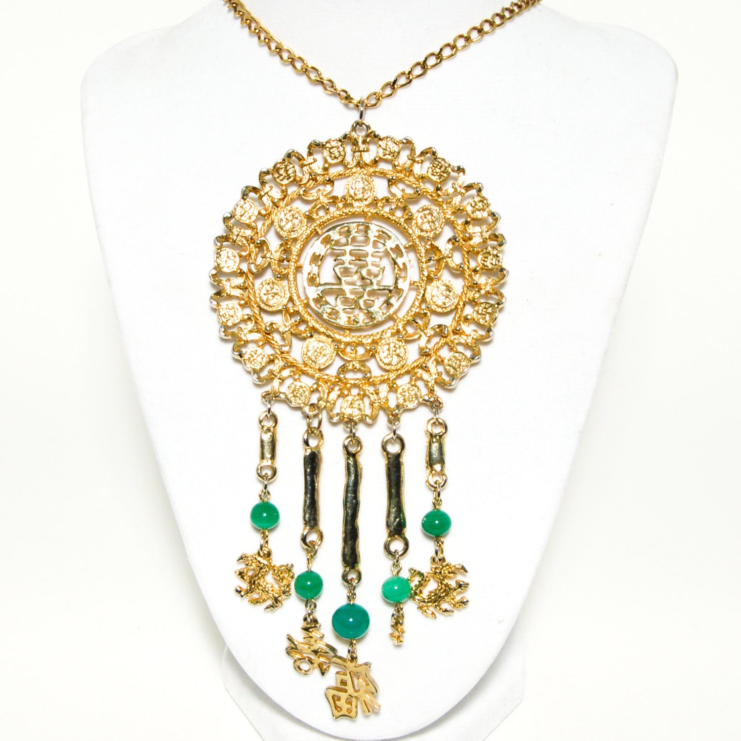 Asian Character Necklace with Faux Jade Detail by Goldette by Goldette - Vintage Meet Modern Vintage Jewelry - Chicago, Illinois - #oldhollywoodglamour #vintagemeetmodern #designervintage #jewelrybox #antiquejewelry #vintagejewelry