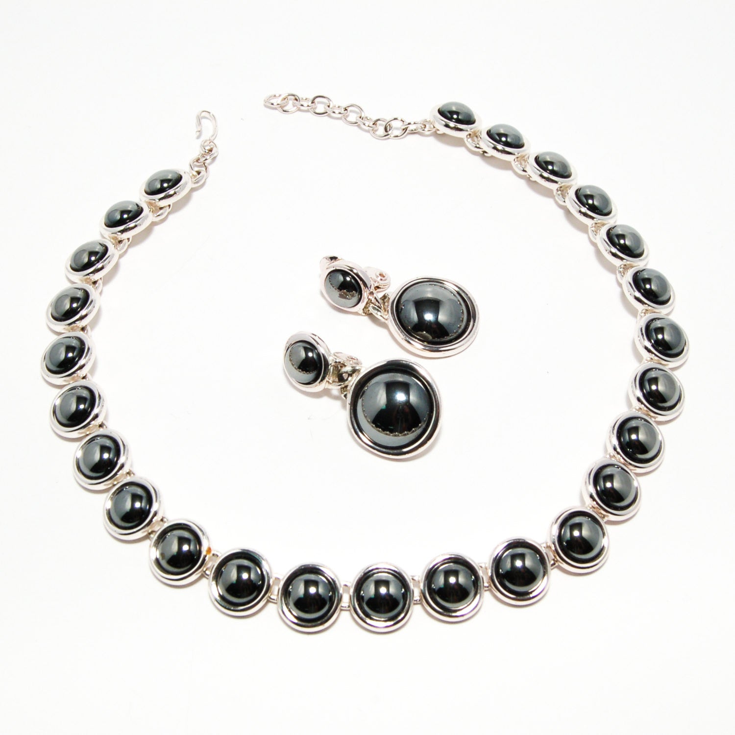 1980's Silver Hematite Earrings and Necklace Set by Monet by Monet - Vintage Meet Modern Vintage Jewelry - Chicago, Illinois - #oldhollywoodglamour #vintagemeetmodern #designervintage #jewelrybox #antiquejewelry #vintagejewelry