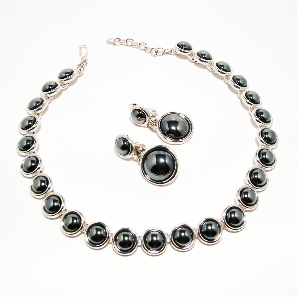1980's Silver Hematite Earrings and Necklace Set by Monet