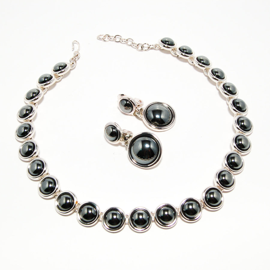 1980's Silver Hematite Earrings and Necklace Set by Monet by Monet - Vintage Meet Modern Vintage Jewelry - Chicago, Illinois - #oldhollywoodglamour #vintagemeetmodern #designervintage #jewelrybox #antiquejewelry #vintagejewelry