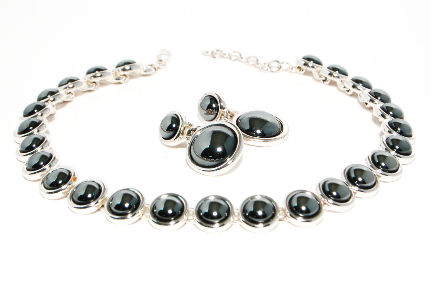 1980's Silver Hematite Earrings and Necklace Set by Monet by Monet - Vintage Meet Modern Vintage Jewelry - Chicago, Illinois - #oldhollywoodglamour #vintagemeetmodern #designervintage #jewelrybox #antiquejewelry #vintagejewelry