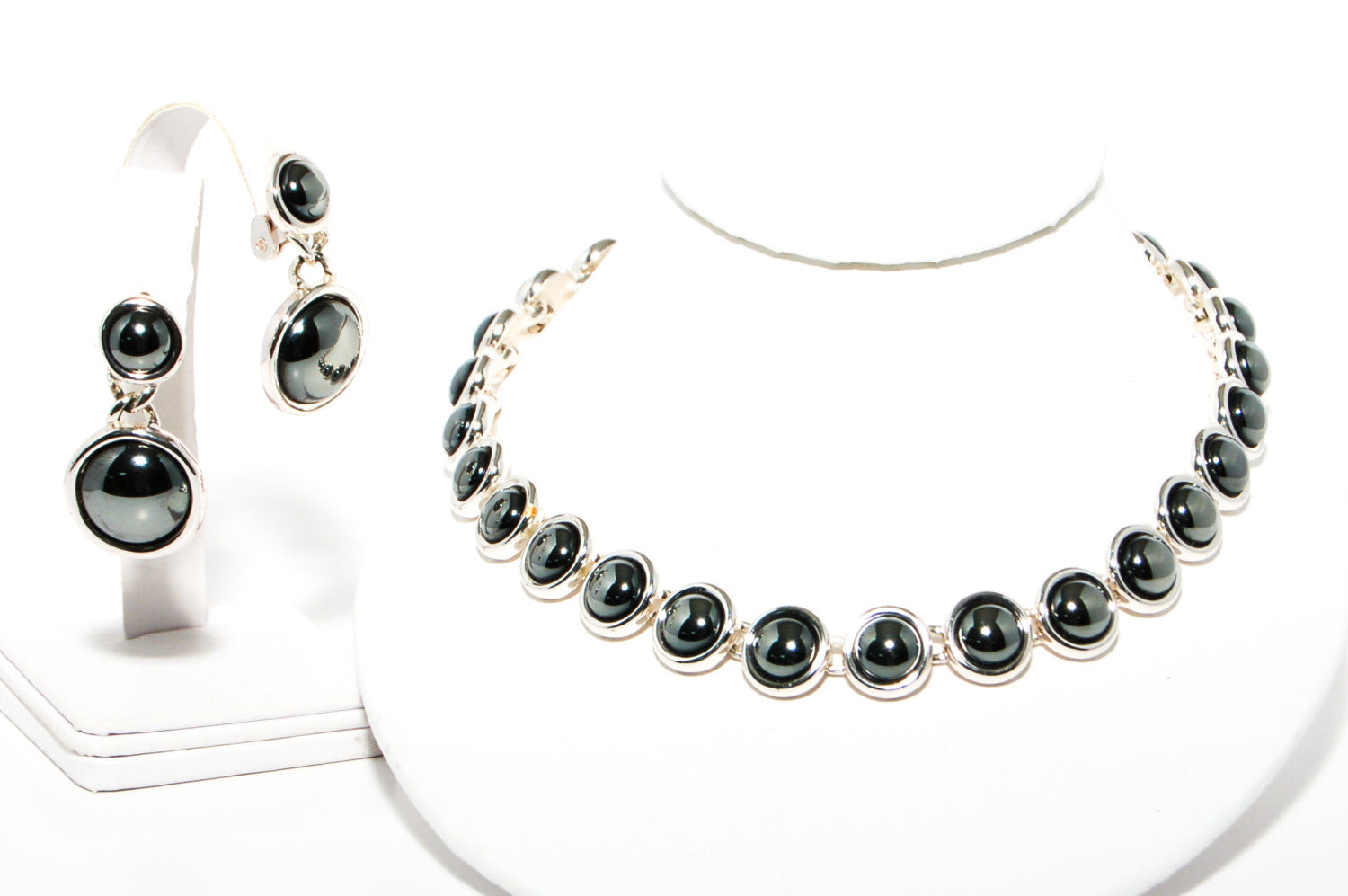 1980's Silver Hematite Earrings and Necklace Set by Monet by Monet - Vintage Meet Modern Vintage Jewelry - Chicago, Illinois - #oldhollywoodglamour #vintagemeetmodern #designervintage #jewelrybox #antiquejewelry #vintagejewelry