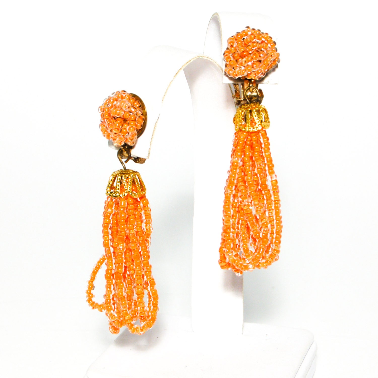 Orange Beaded Tassel Earrings Made in Japan by Made in Japan - Vintage Meet Modern Vintage Jewelry - Chicago, Illinois - #oldhollywoodglamour #vintagemeetmodern #designervintage #jewelrybox #antiquejewelry #vintagejewelry