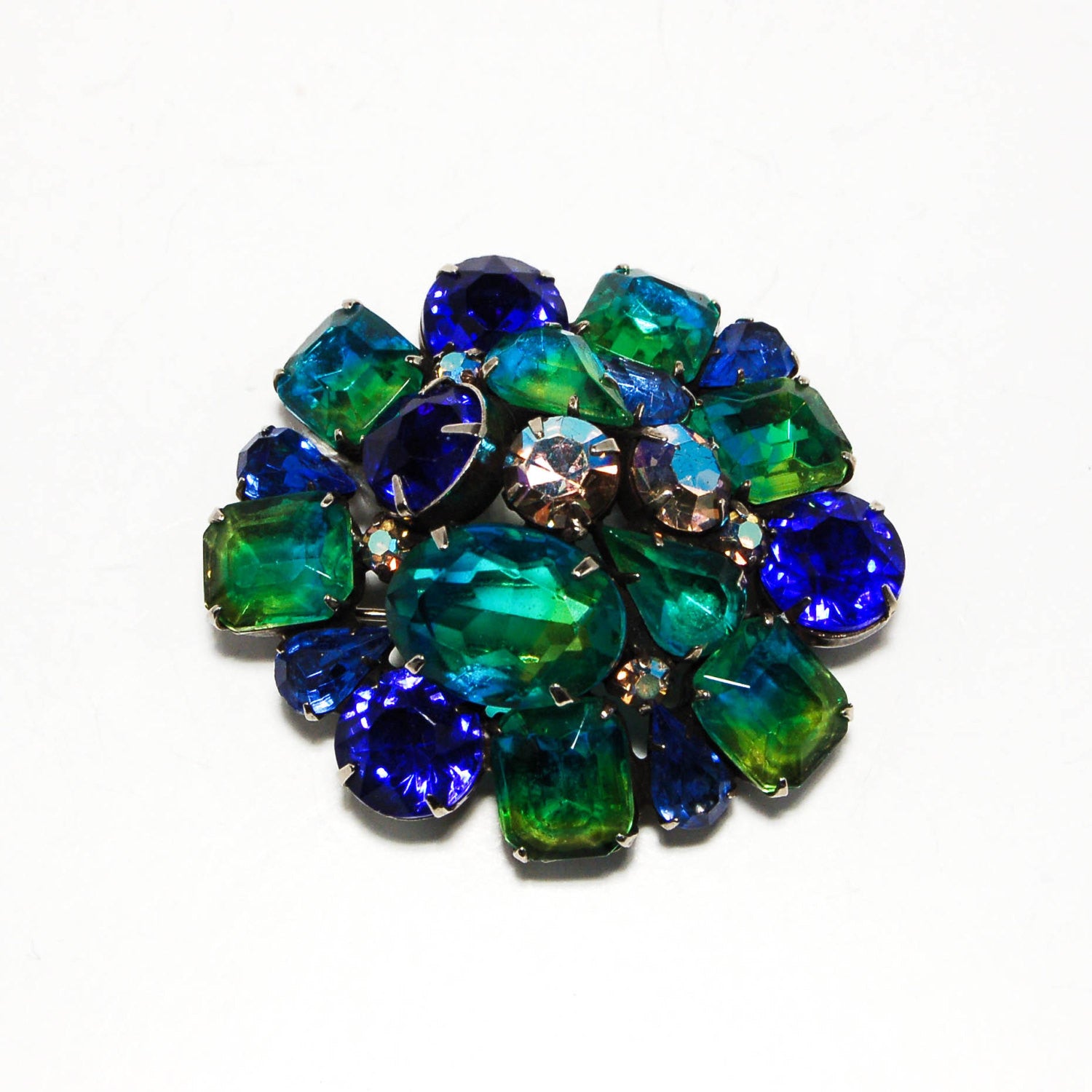 Blue and Green Ombre Dome Cluster Brooch by Kramer by Kramer - Vintage Meet Modern Vintage Jewelry - Chicago, Illinois - #oldhollywoodglamour #vintagemeetmodern #designervintage #jewelrybox #antiquejewelry #vintagejewelry