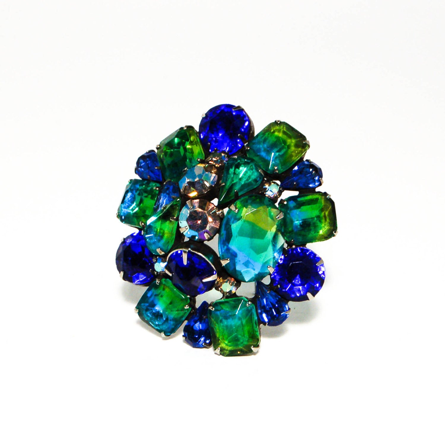 Blue and Green Ombre Dome Cluster Brooch by Kramer by Kramer - Vintage Meet Modern Vintage Jewelry - Chicago, Illinois - #oldhollywoodglamour #vintagemeetmodern #designervintage #jewelrybox #antiquejewelry #vintagejewelry