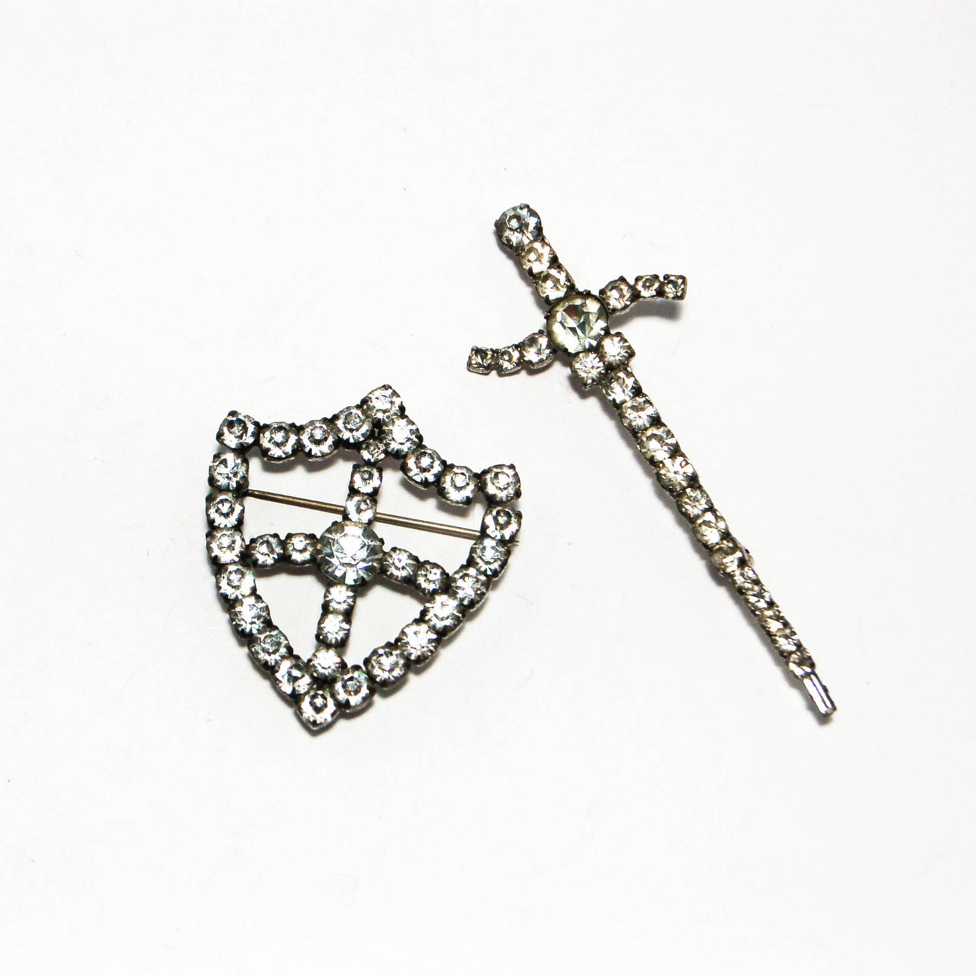 1940's Rhinestone Sword and Shield Brooch Set