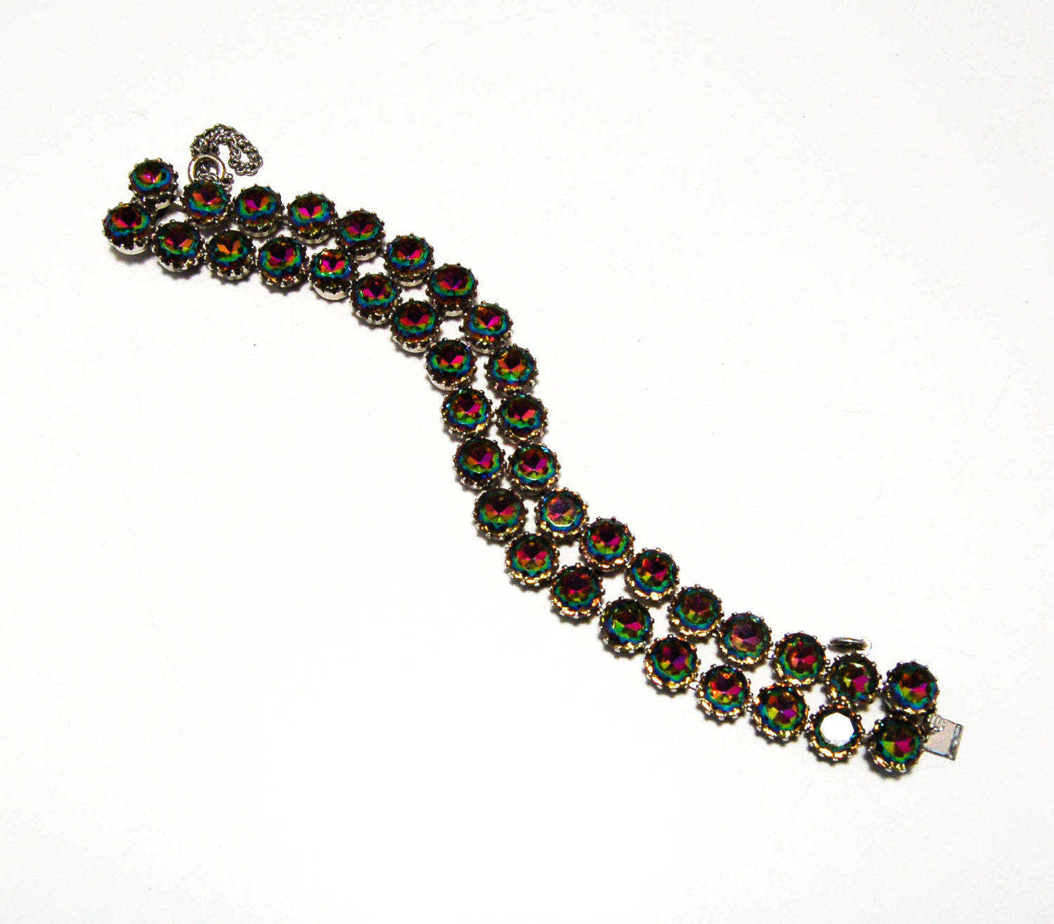 Double Row Watermelon Heliotrope Rhinestone Bracelet by Schiaparelli by Schiaparelli - Vintage Meet Modern Vintage Jewelry - Chicago, Illinois - #oldhollywoodglamour #vintagemeetmodern #designervintage #jewelrybox #antiquejewelry #vintagejewelry