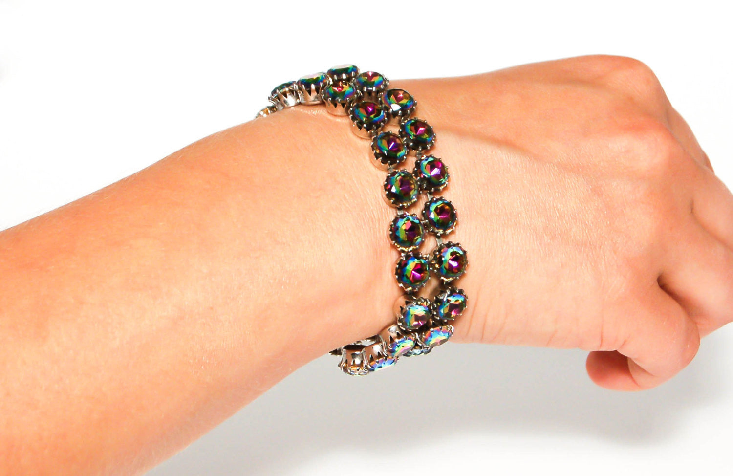 Double Row Watermelon Heliotrope Rhinestone Bracelet by Schiaparelli by Schiaparelli - Vintage Meet Modern Vintage Jewelry - Chicago, Illinois - #oldhollywoodglamour #vintagemeetmodern #designervintage #jewelrybox #antiquejewelry #vintagejewelry
