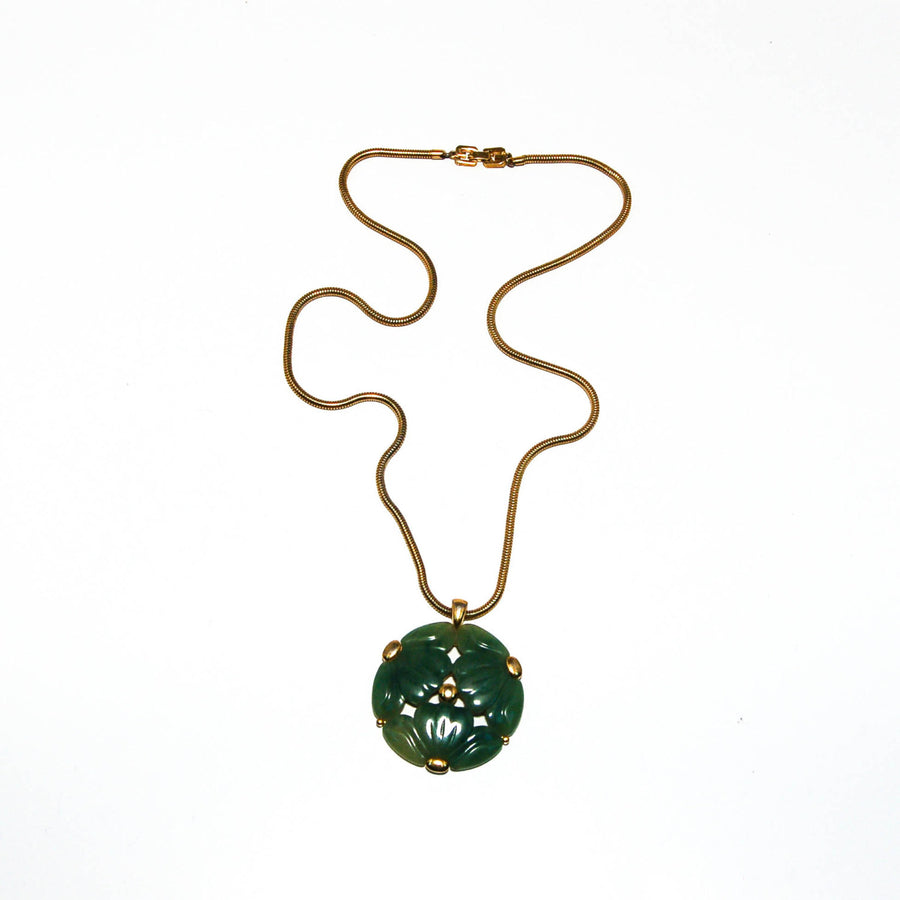 Faux Jade Carved Floral Medallion Necklace by Givenchy by Givenchy - Vintage Meet Modern Vintage Jewelry - Chicago, Illinois - #oldhollywoodglamour #vintagemeetmodern #designervintage #jewelrybox #antiquejewelry #vintagejewelry