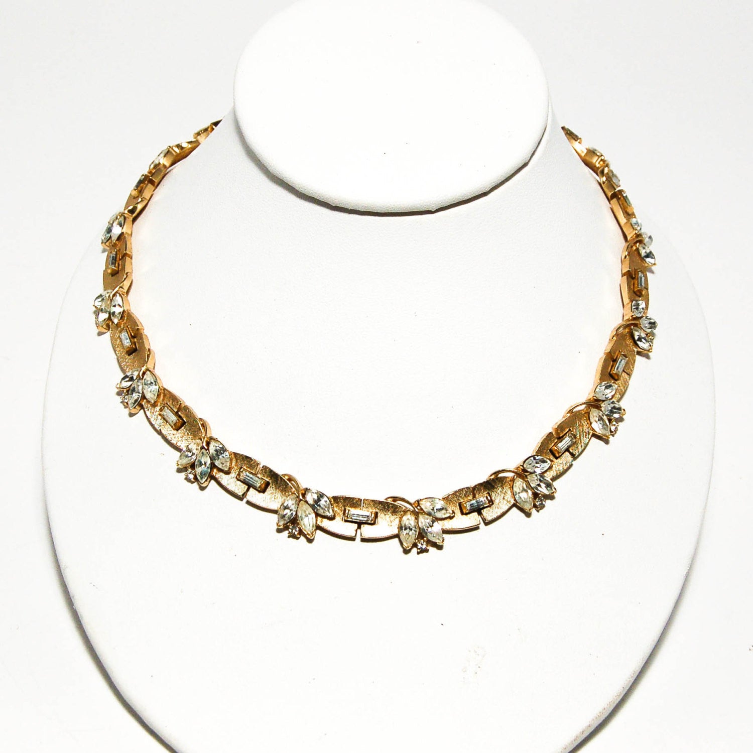 Brushed Gold Tone Rhinestone Necklace by Crown Trifari by Crown Trifari - Vintage Meet Modern Vintage Jewelry - Chicago, Illinois - #oldhollywoodglamour #vintagemeetmodern #designervintage #jewelrybox #antiquejewelry #vintagejewelry