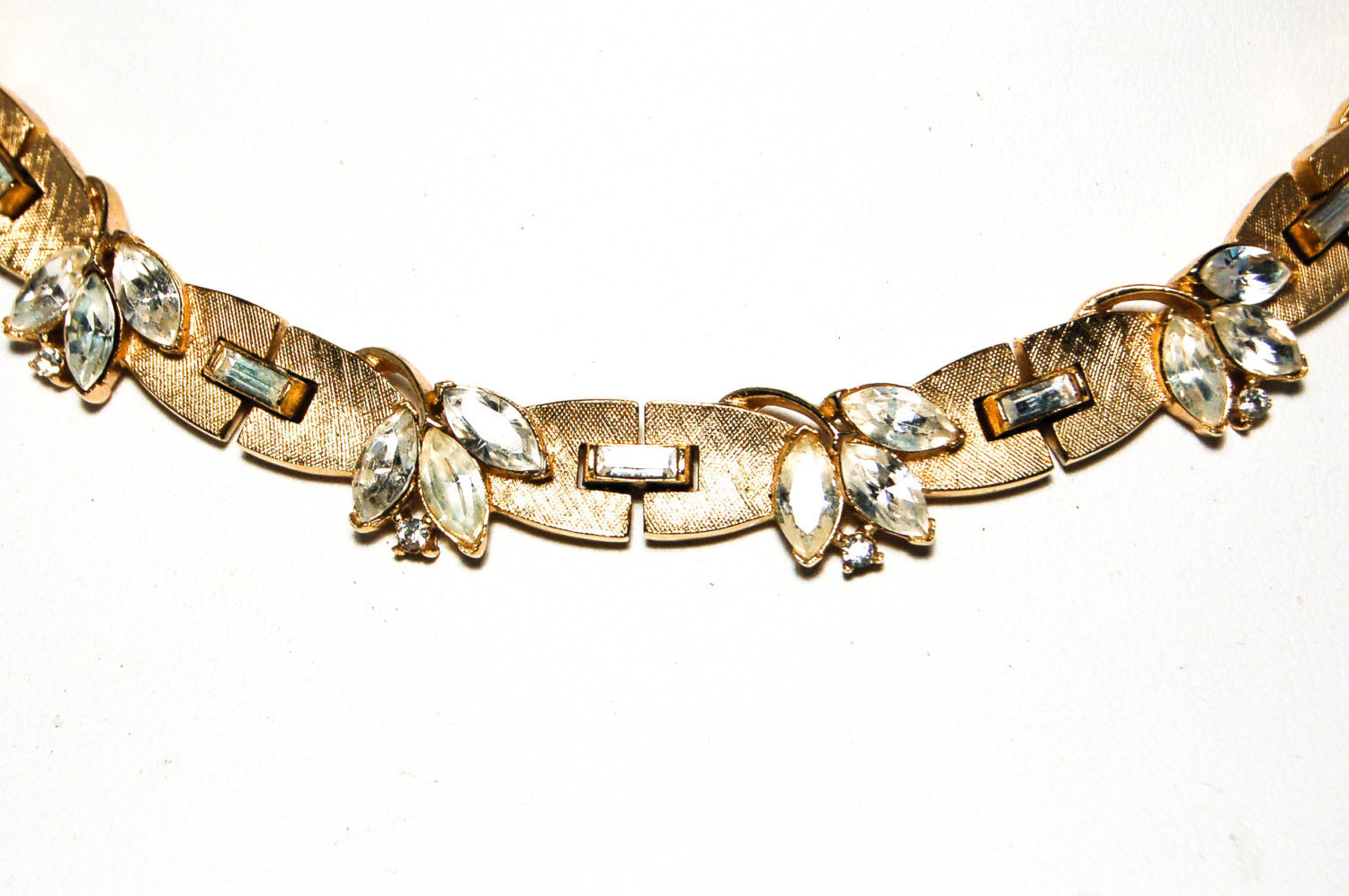 Brushed Gold Tone Rhinestone Necklace by Crown Trifari by Crown Trifari - Vintage Meet Modern Vintage Jewelry - Chicago, Illinois - #oldhollywoodglamour #vintagemeetmodern #designervintage #jewelrybox #antiquejewelry #vintagejewelry