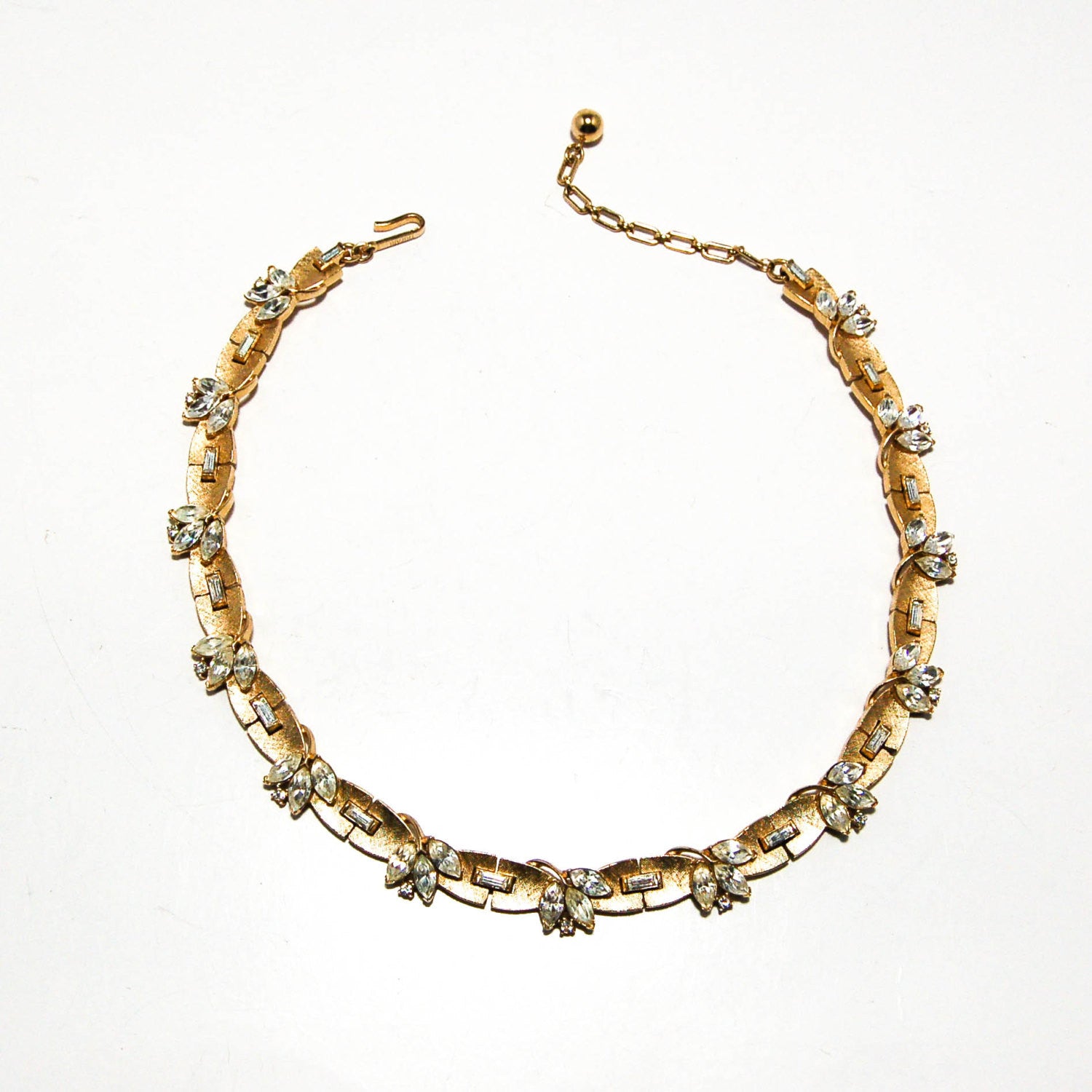 Brushed Gold Tone Rhinestone Necklace by Crown Trifari by Crown Trifari - Vintage Meet Modern Vintage Jewelry - Chicago, Illinois - #oldhollywoodglamour #vintagemeetmodern #designervintage #jewelrybox #antiquejewelry #vintagejewelry