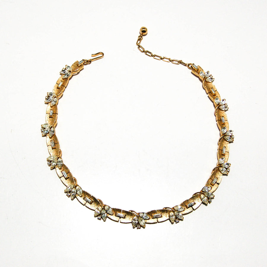 Brushed Gold Tone Rhinestone Necklace by Crown Trifari by Crown Trifari - Vintage Meet Modern Vintage Jewelry - Chicago, Illinois - #oldhollywoodglamour #vintagemeetmodern #designervintage #jewelrybox #antiquejewelry #vintagejewelry