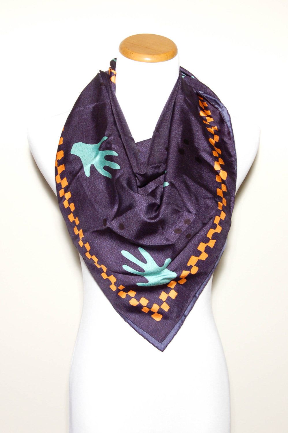 Navy Blue Silk Scarf with Orange and Turquoise Accents by Bvlgari by Bvlgari - Vintage Meet Modern Vintage Jewelry - Chicago, Illinois - #oldhollywoodglamour #vintagemeetmodern #designervintage #jewelrybox #antiquejewelry #vintagejewelry