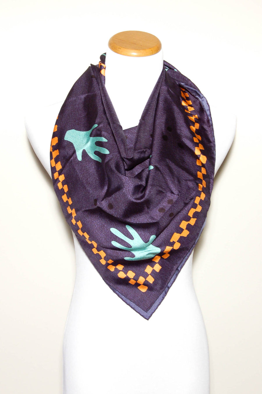Navy Blue Silk Scarf with Orange and Turquoise Accents by Bvlgari by Bvlgari - Vintage Meet Modern Vintage Jewelry - Chicago, Illinois - #oldhollywoodglamour #vintagemeetmodern #designervintage #jewelrybox #antiquejewelry #vintagejewelry