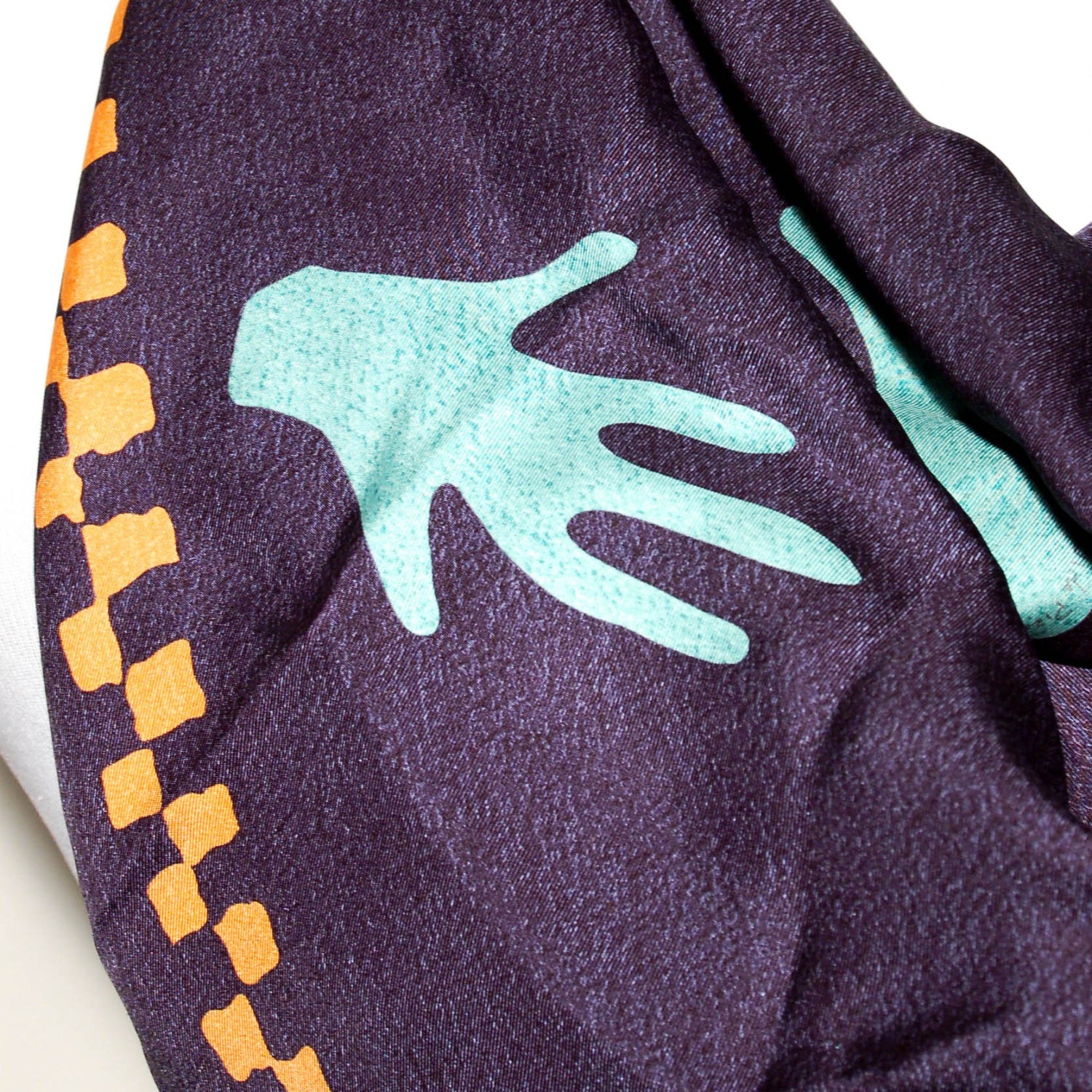 Navy Blue Silk Scarf with Orange and Turquoise Accents by Bvlgari by Bvlgari - Vintage Meet Modern Vintage Jewelry - Chicago, Illinois - #oldhollywoodglamour #vintagemeetmodern #designervintage #jewelrybox #antiquejewelry #vintagejewelry