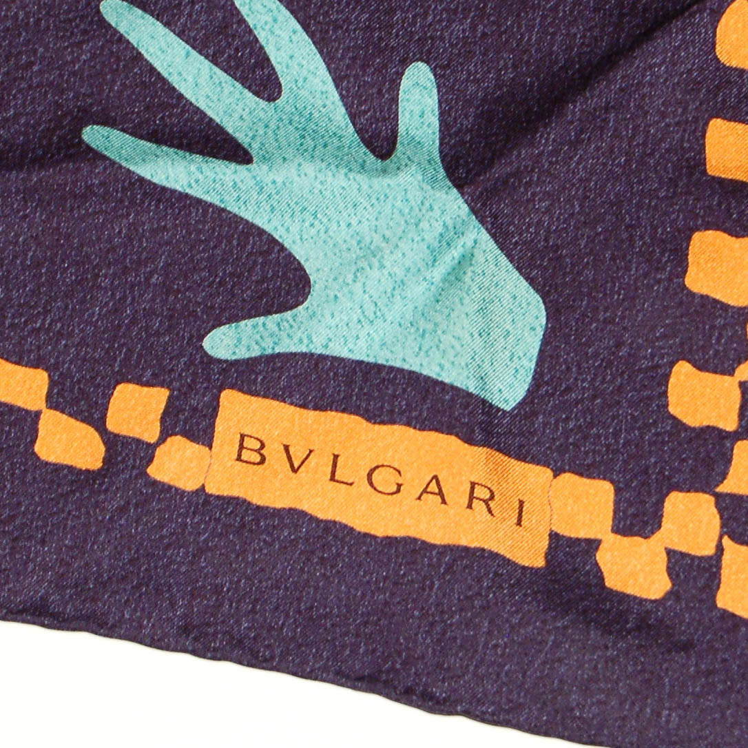 Navy Blue Silk Scarf with Orange and Turquoise Accents by Bvlgari by Bvlgari - Vintage Meet Modern Vintage Jewelry - Chicago, Illinois - #oldhollywoodglamour #vintagemeetmodern #designervintage #jewelrybox #antiquejewelry #vintagejewelry
