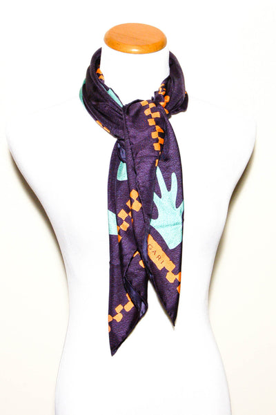Navy Blue Silk Scarf with Orange and Turquoise Accents by Bvlgari by Bvlgari - Vintage Meet Modern Vintage Jewelry - Chicago, Illinois - #oldhollywoodglamour #vintagemeetmodern #designervintage #jewelrybox #antiquejewelry #vintagejewelry