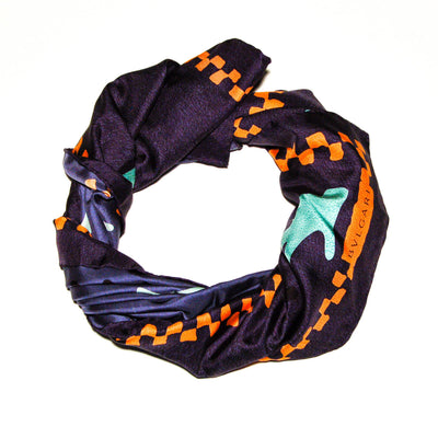 Navy Blue Silk Scarf with Orange and Turquoise Accents by Bvlgari by Bvlgari - Vintage Meet Modern Vintage Jewelry - Chicago, Illinois - #oldhollywoodglamour #vintagemeetmodern #designervintage #jewelrybox #antiquejewelry #vintagejewelry