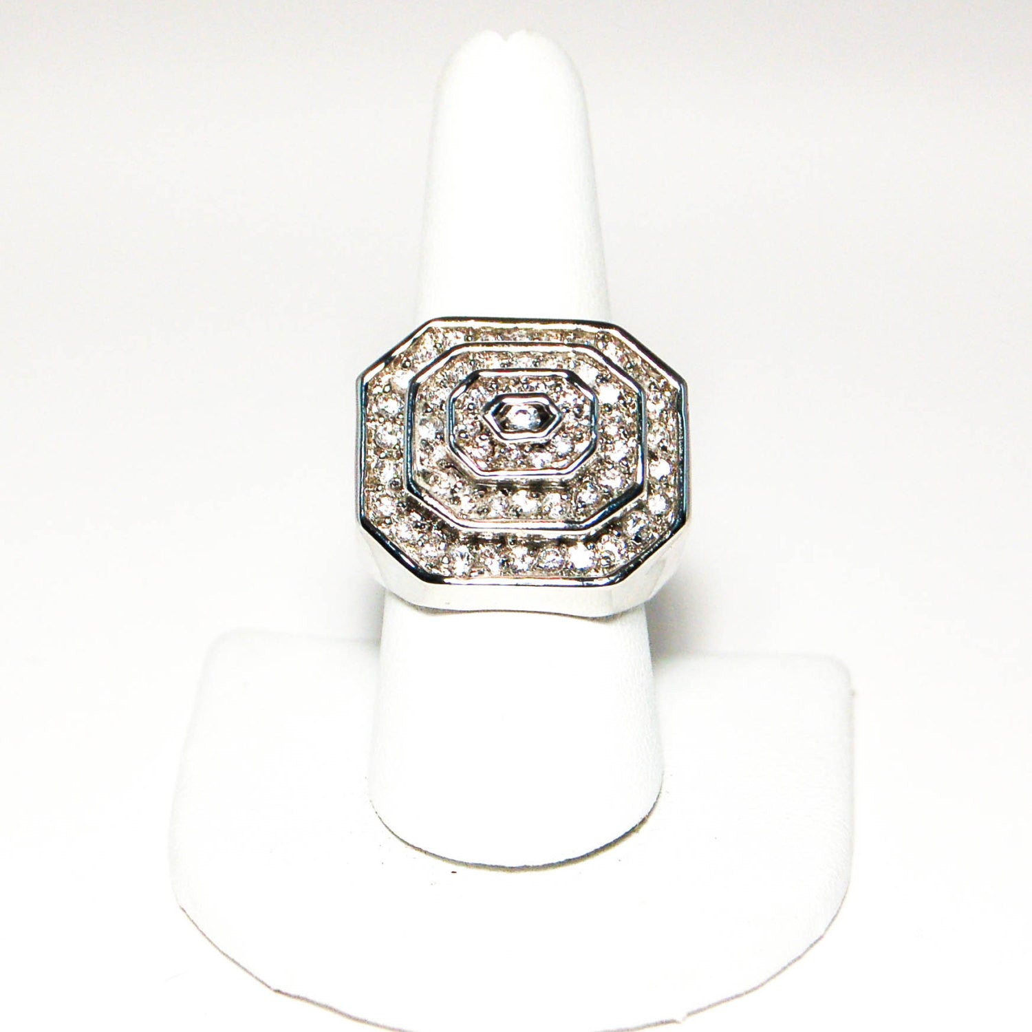 Vintage Huge Art Deco Silver Tone Rhinestone Cocktail Statement Ring Three Dimensional Octagonal Shape by 1920's - Vintage Meet Modern Vintage Jewelry - Chicago, Illinois - #oldhollywoodglamour #vintagemeetmodern #designervintage #jewelrybox #antiquejewelry #vintagejewelry