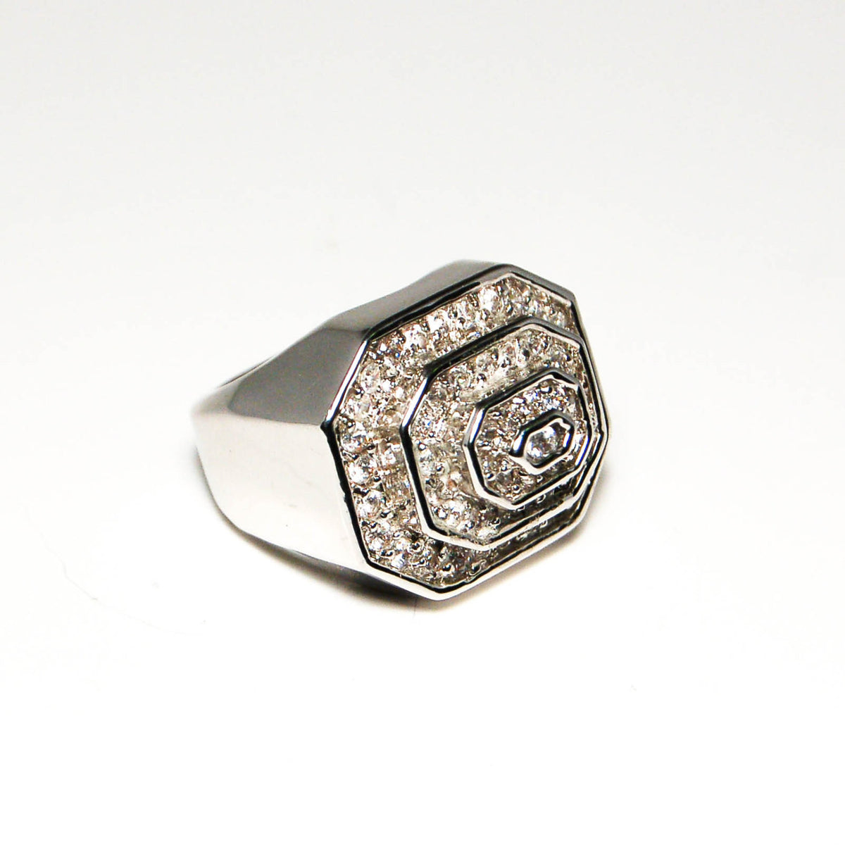 Vintage Huge Art Deco Silver Tone Rhinestone Cocktail Statement Ring Three Dimensional Octagonal Shape