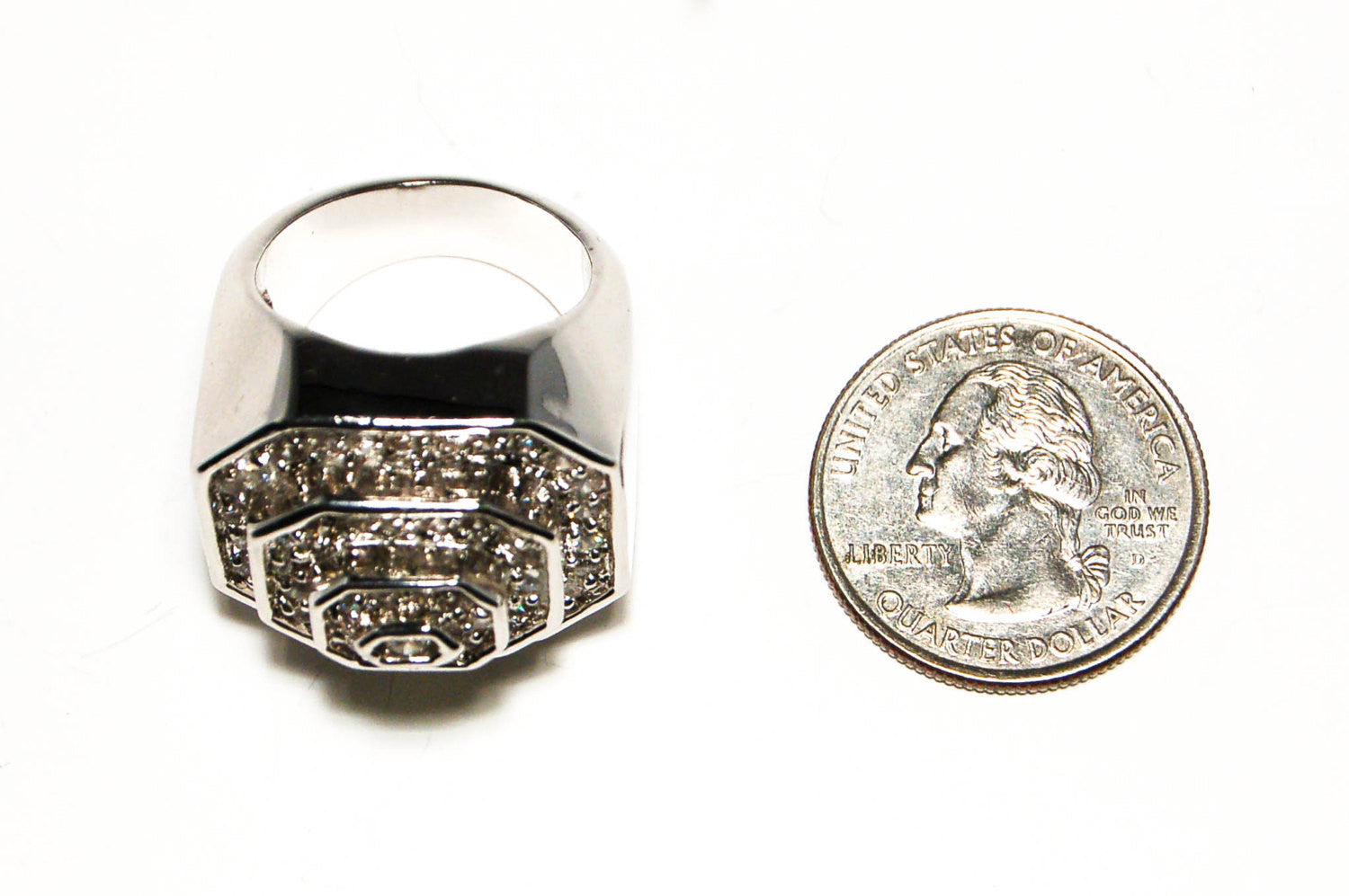 Vintage Huge Art Deco Silver Tone Rhinestone Cocktail Statement Ring Three Dimensional Octagonal Shape by 1920's - Vintage Meet Modern Vintage Jewelry - Chicago, Illinois - #oldhollywoodglamour #vintagemeetmodern #designervintage #jewelrybox #antiquejewelry #vintagejewelry