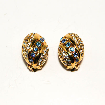 Vintage Vonelle Swarovski Swan Signed Gold Tone Baby Blue and Clear Rhinestone Clip Earrings New Old Stock Oval Shape by Swarovski - Vintage Meet Modern Vintage Jewelry - Chicago, Illinois - #oldhollywoodglamour #vintagemeetmodern #designervintage #jewelrybox #antiquejewelry #vintagejewelry