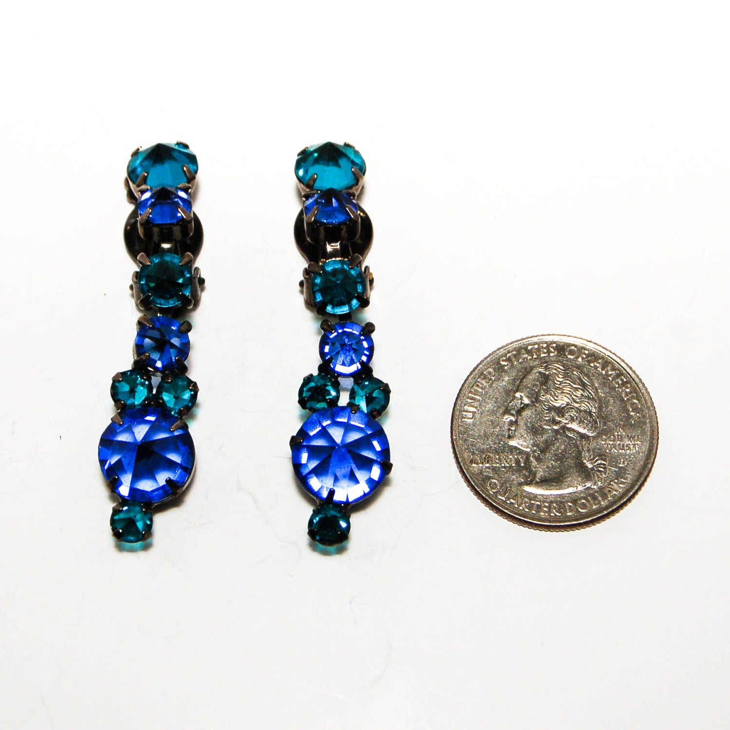 Peacock Blue Green Rhinestone Dangling Earrings by Kramer by Kramer - Vintage Meet Modern Vintage Jewelry - Chicago, Illinois - #oldhollywoodglamour #vintagemeetmodern #designervintage #jewelrybox #antiquejewelry #vintagejewelry