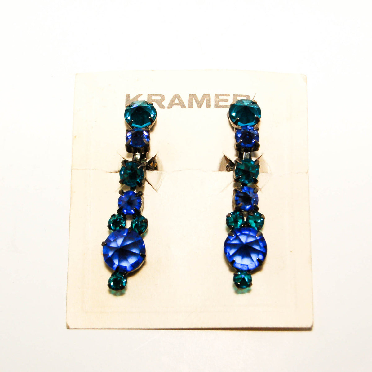 Peacock Blue Green Rhinestone Dangling Earrings by Kramer