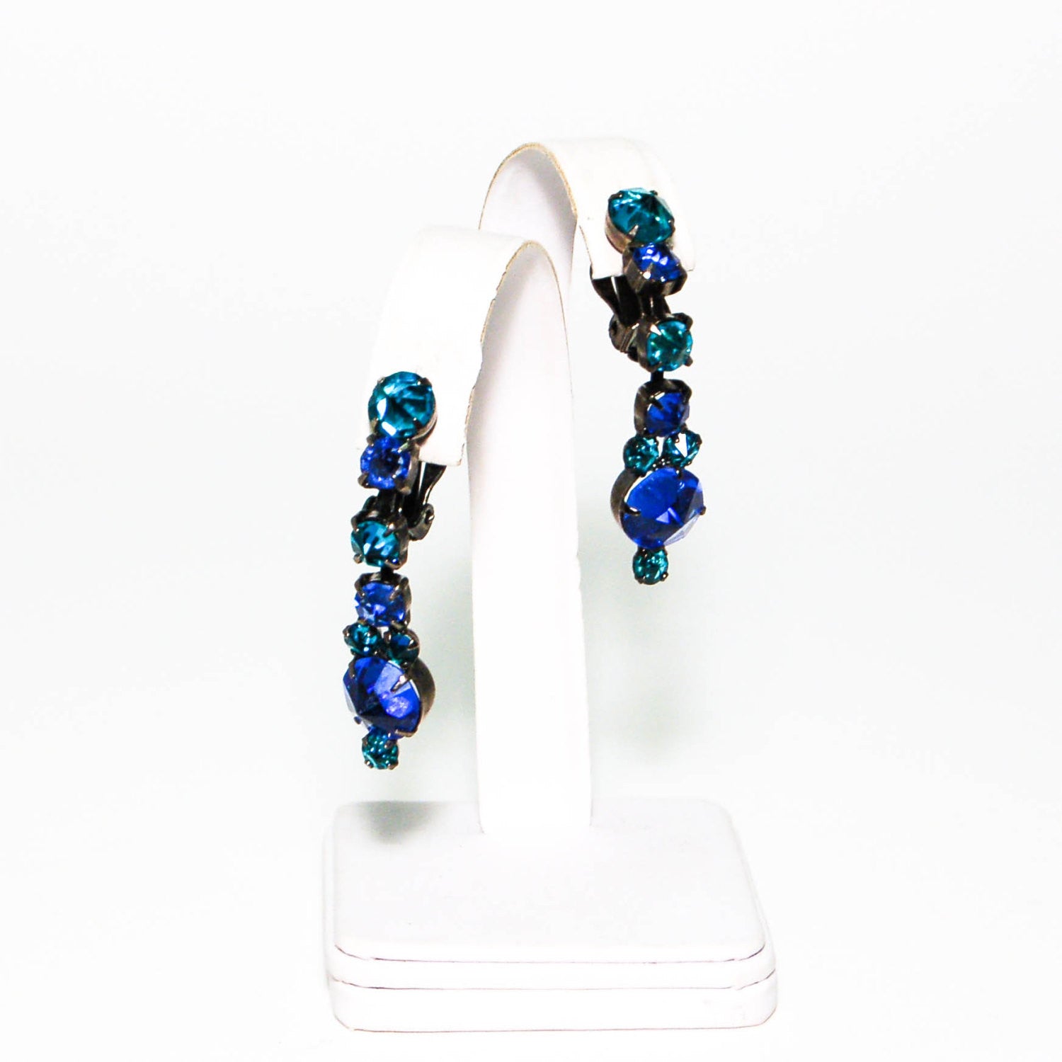 Peacock Blue Green Rhinestone Dangling Earrings by Kramer by Kramer - Vintage Meet Modern Vintage Jewelry - Chicago, Illinois - #oldhollywoodglamour #vintagemeetmodern #designervintage #jewelrybox #antiquejewelry #vintagejewelry
